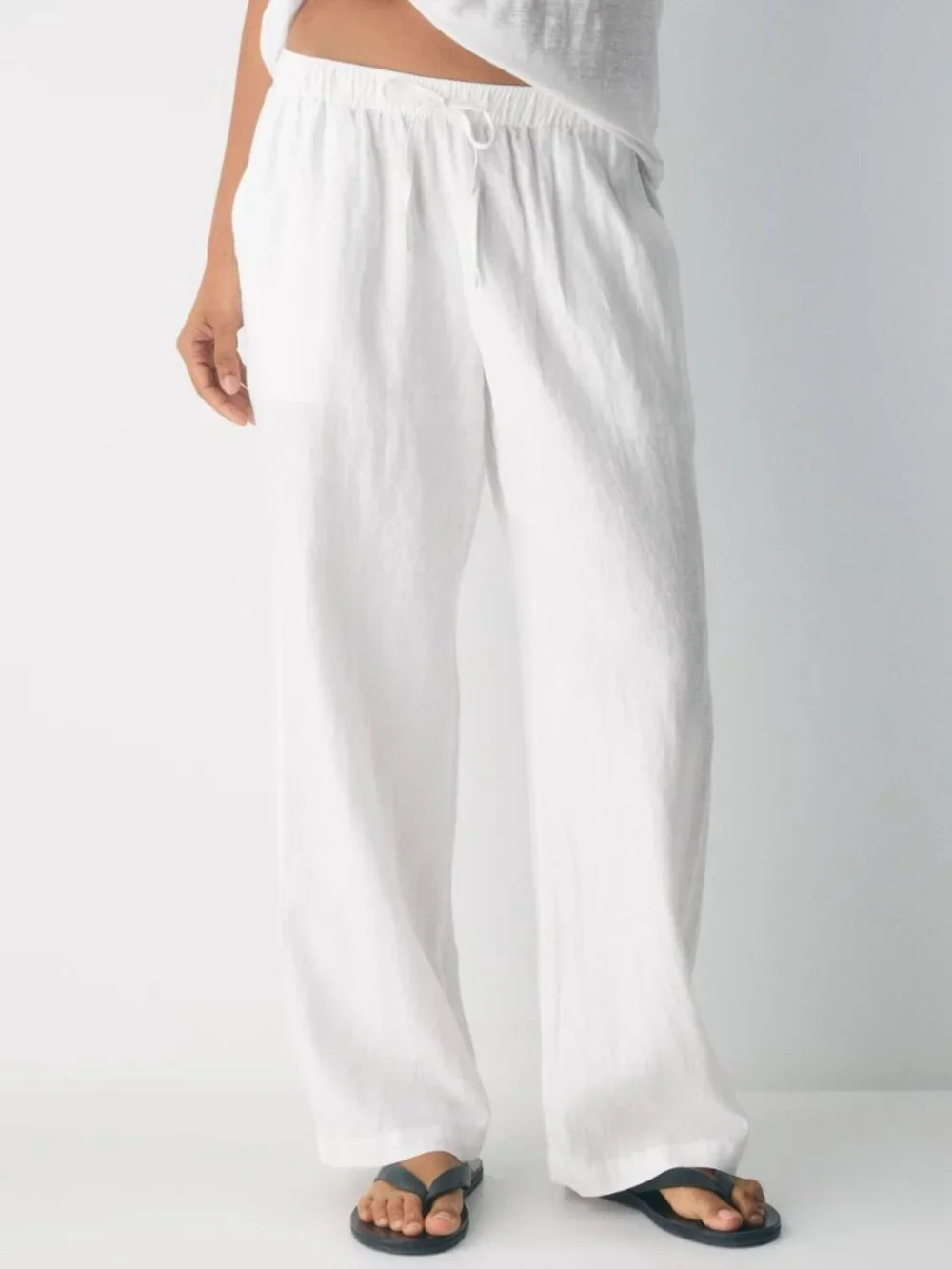 LITTLE MOON Aritzia L White Sail Linen Pants Wide Leg Relaxed Mid-Rise Drawcord